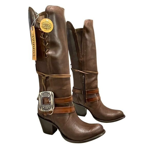 Corral Shoes - Corral Tall Brown Western Harness Cowboy Buckle Boots Leather Sz 8 NEW